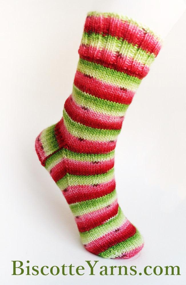 Try our watermelon yarn : most favorite hand-dyed self-striping sock yarn ! - Biscotte Yarns
