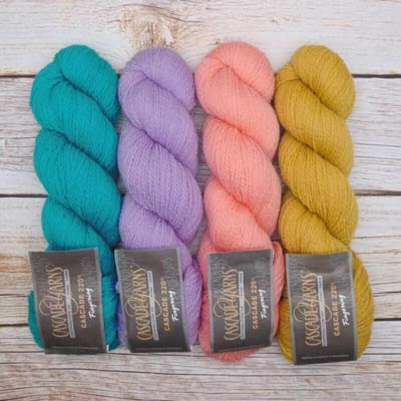 Cascade 220 Fingering - Color: 1013 - Blue Moon, 1021 - Poppy Red, 1022 - Georgia Peach, 1023 - Lavendula, 1025 - Grape Juice, 1026 - Sunflower, 1029 - Ink Blue, 1030 - Marina Blue, 1032 - Midnight, 1045 - Aster Purple, 1055 - Jacaranda, 1057 - Peony, 2401 - Burgundy, 7827 - Goldenrod, 8010 - Natural, 8393 - Navy, 8400 - Charcoal, 8401 - Silver, 8505 - White, 8012 -Doeskin Heather, 8555 - Black, 8895 - Christmas Red, 9332 - Sapphire, 9404 - Ruby, 9566 - Olive Oil, 9429 - Mossy Rock, 9477 - Tutu, 9591 - Buff