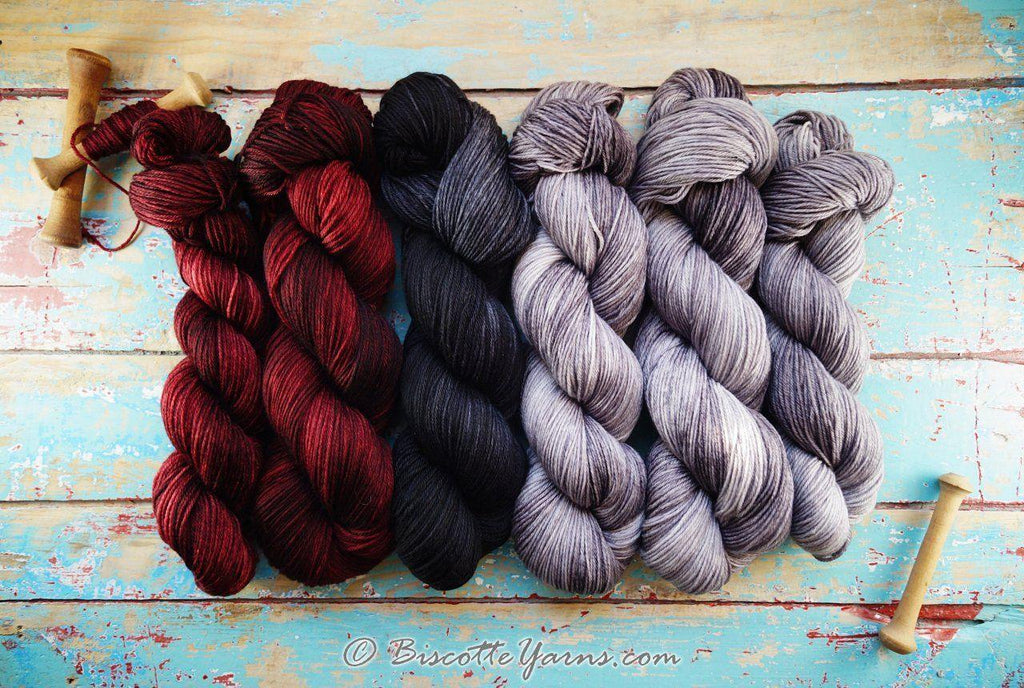 Assortment of yarn for Melie's Anastasie crocheted shawl - Biscotte Yarns