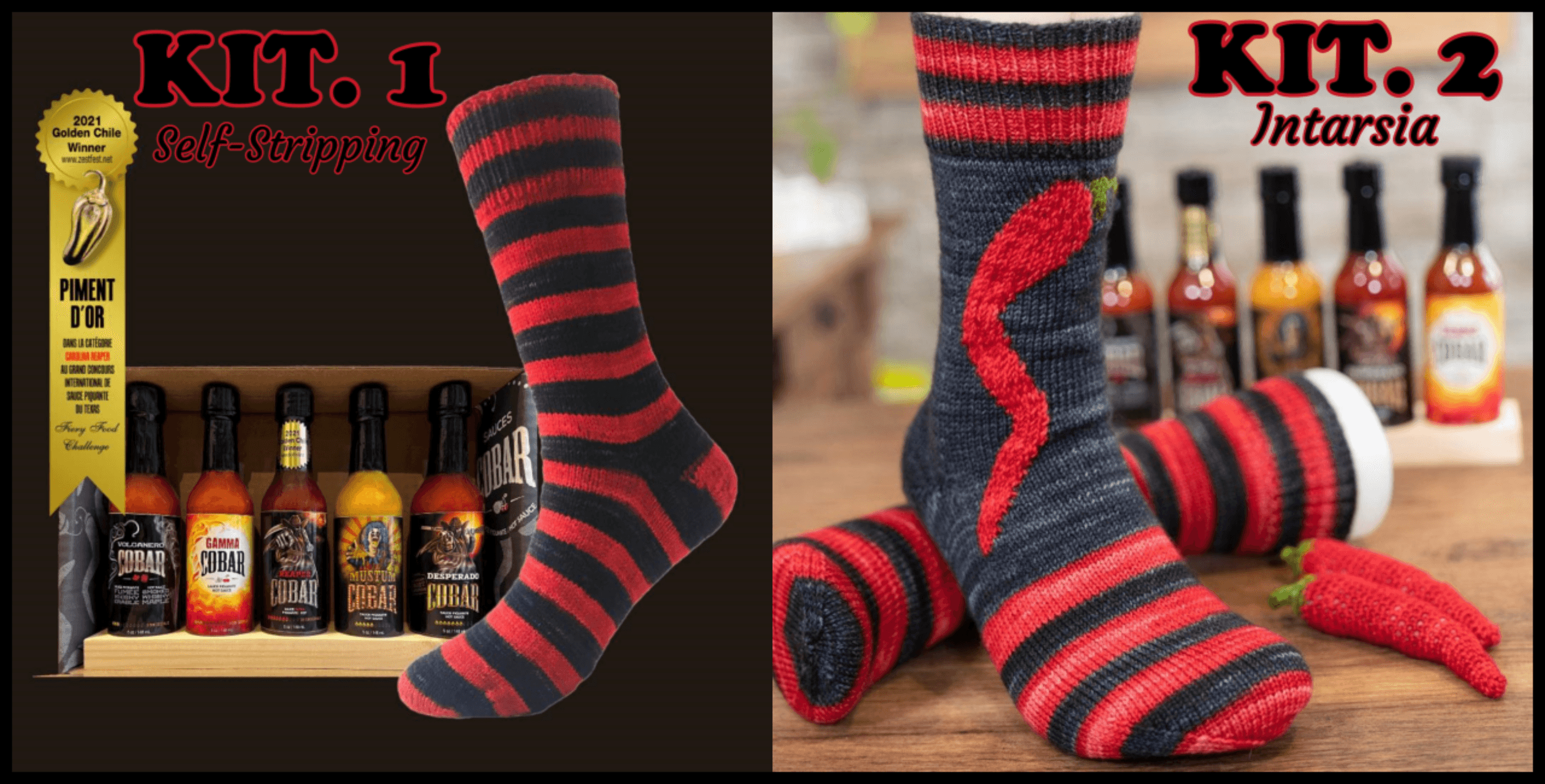 Knitting kit COBAR SOCKS (2 versions offered) - with HOT SAUCE GIFT SET
